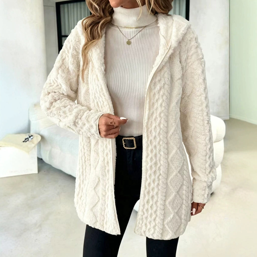 Cable Textured Plush Hooded Open Front Longline Coat - Beige