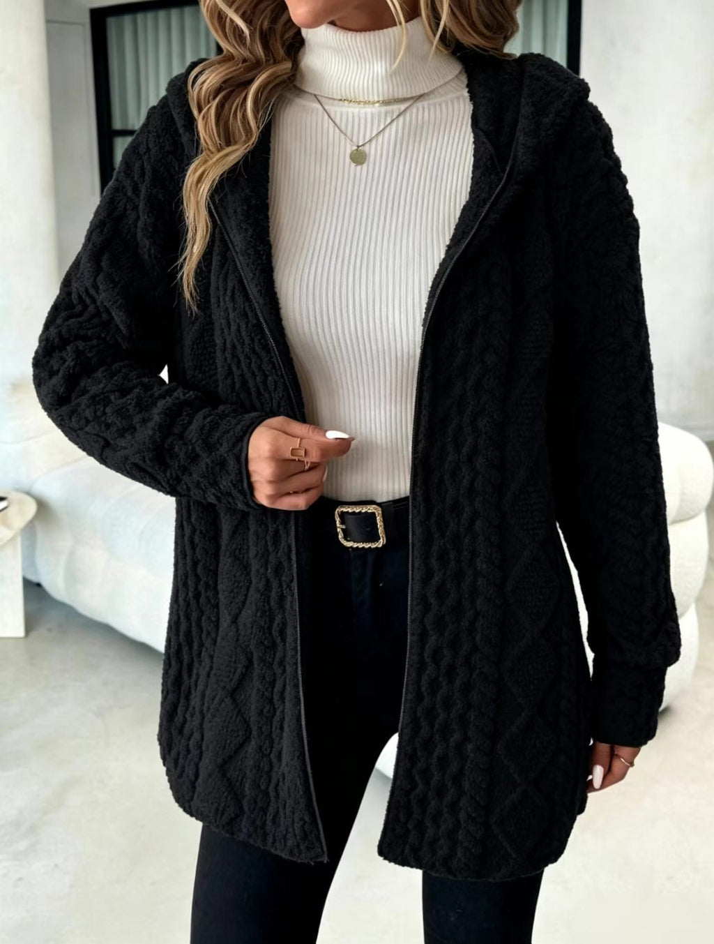 Cable Textured Plush Hooded Open Front Longline Coat - Black
