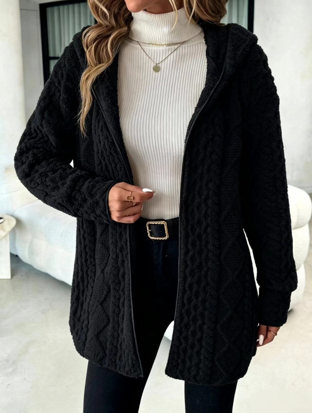 Cable Textured Plush Hooded Open Front Longline Coat - Black