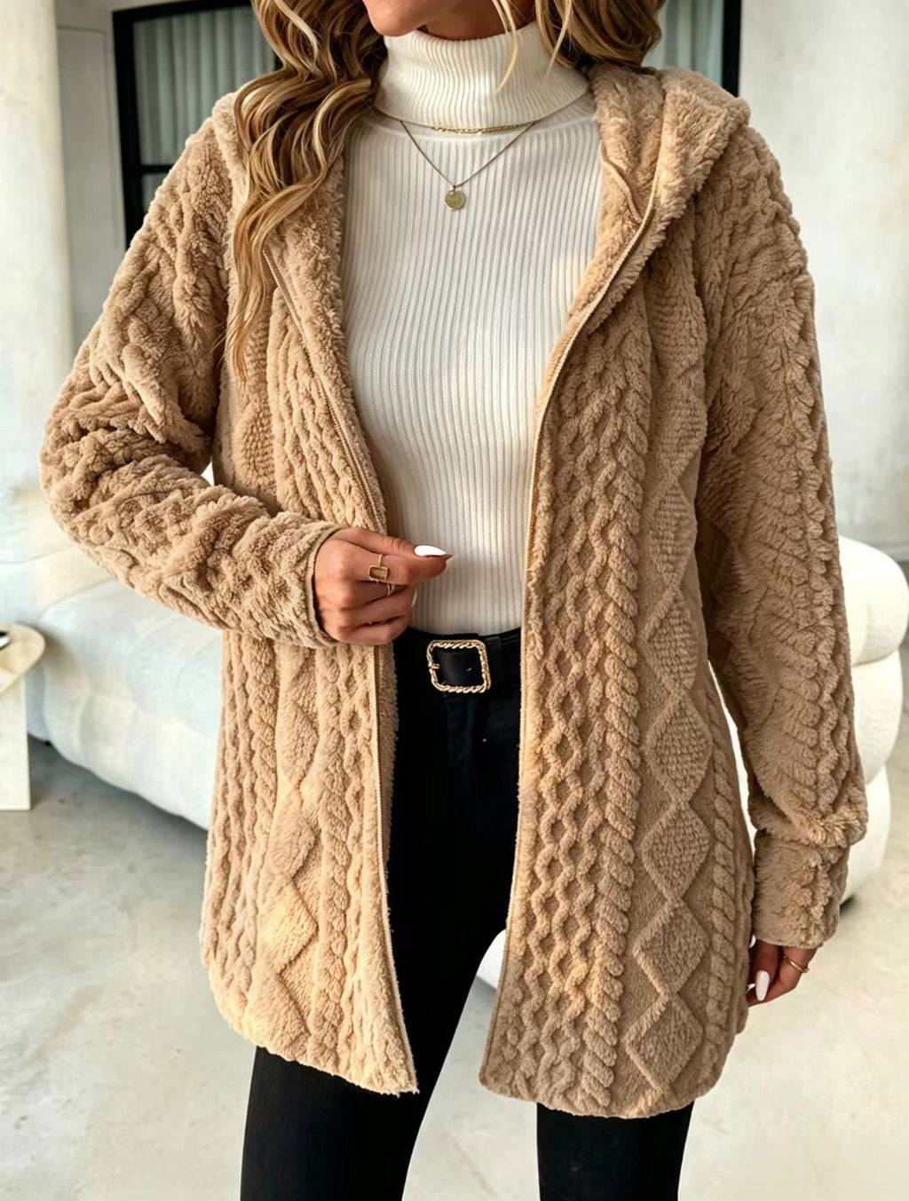 Cable Textured Plush Hooded Open Front Longline Coat - Camel