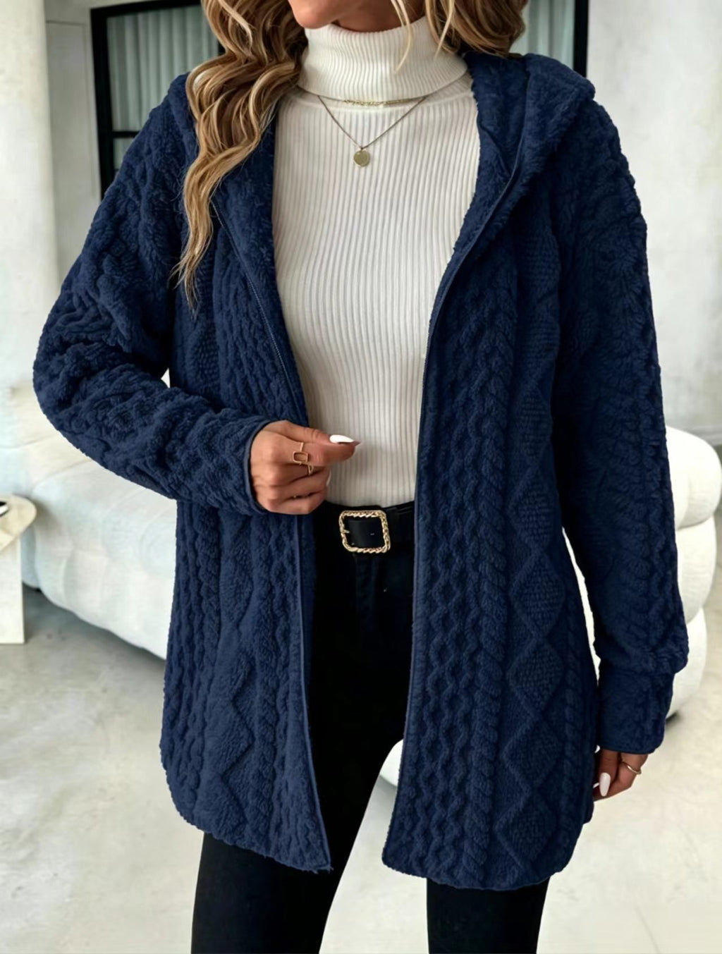 Cable Textured Plush Hooded Open Front Longline Coat - DarkBlue