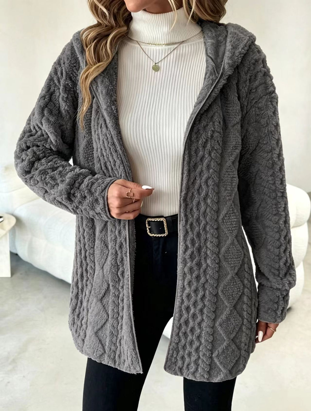 Cable Textured Plush Hooded Open Front Longline Coat - DarkGrey
