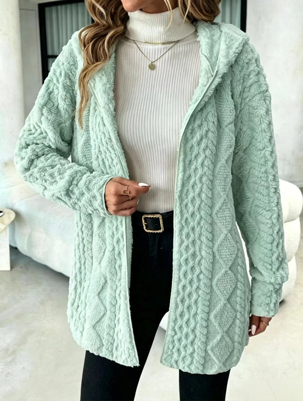 Cable Textured Plush Hooded Open Front Longline Coat - Emerald