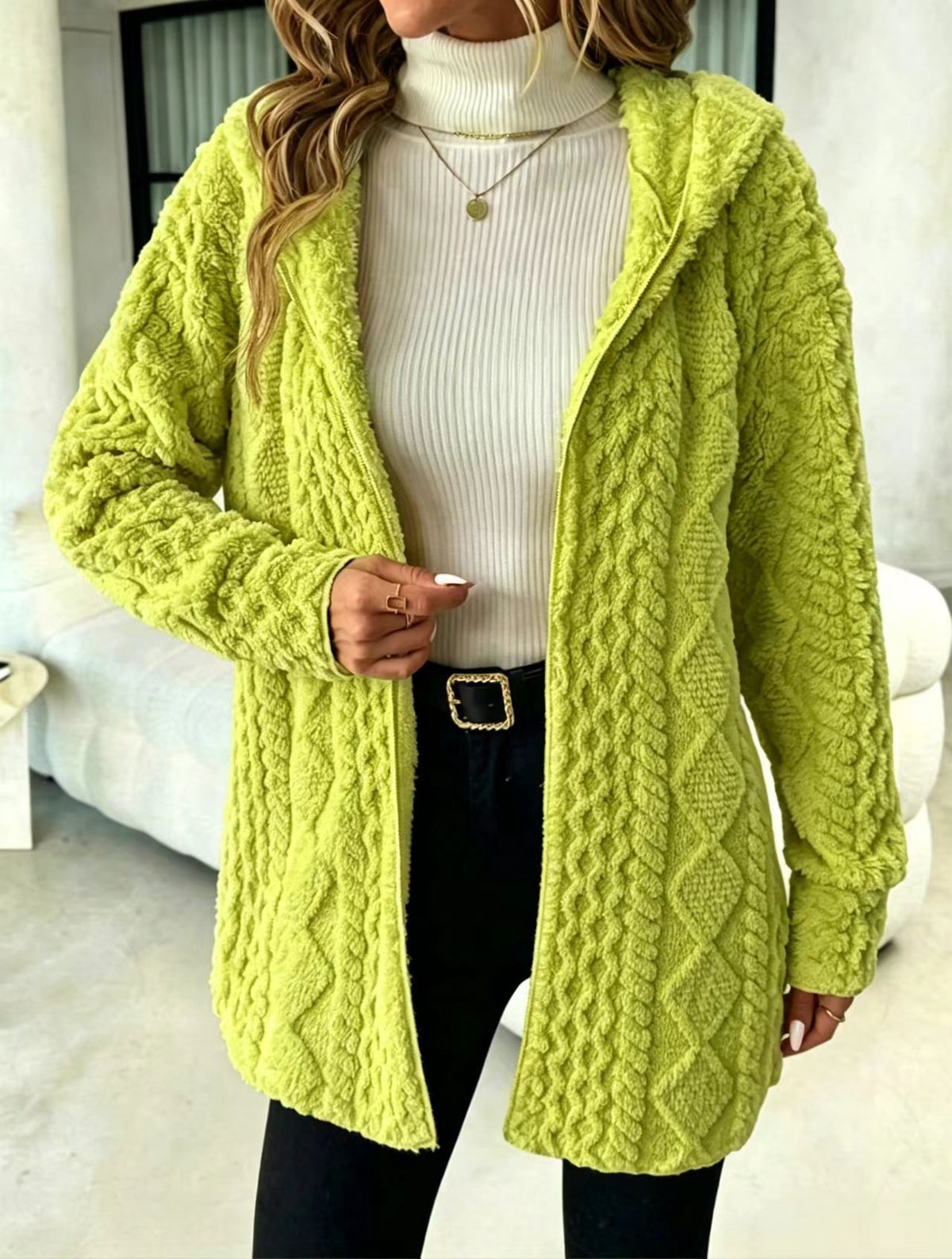 Cable Textured Plush Hooded Open Front Longline Coat - Green