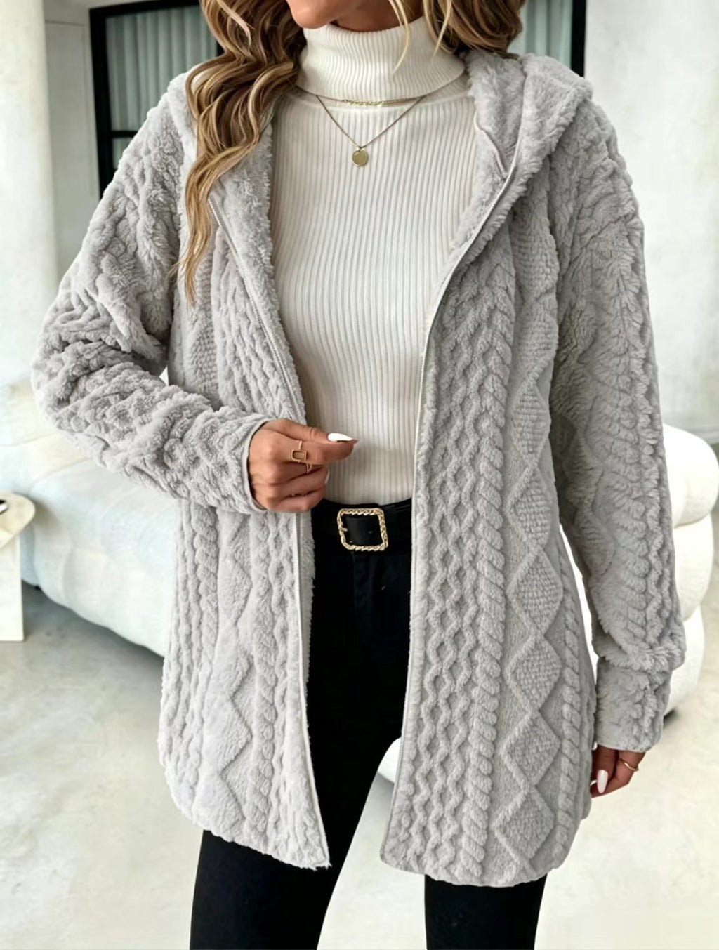 Cable Textured Plush Hooded Open Front Longline Coat - Grey