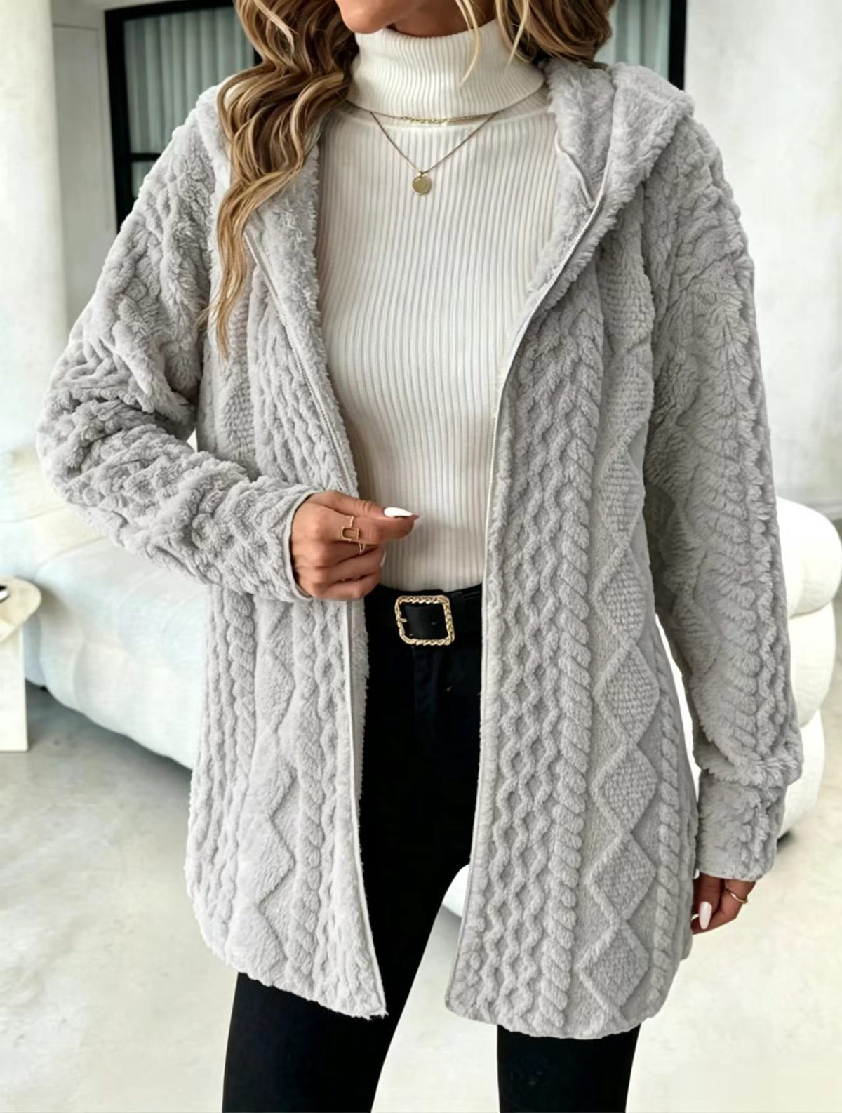 Cable Textured Plush Hooded Open Front Longline Coat - Grey