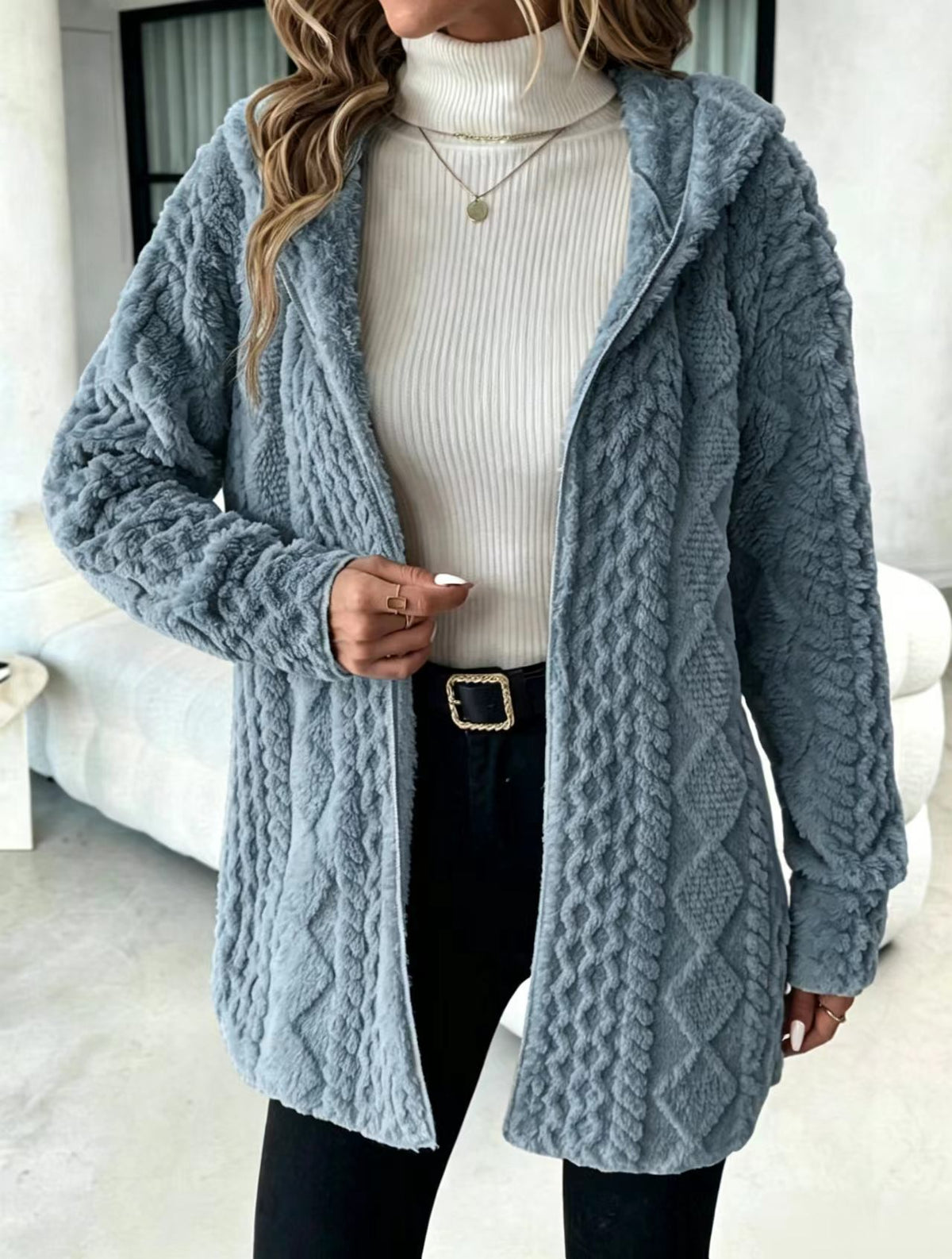 Cable Textured Plush Hooded Open Front Longline Coat - HazeBlue