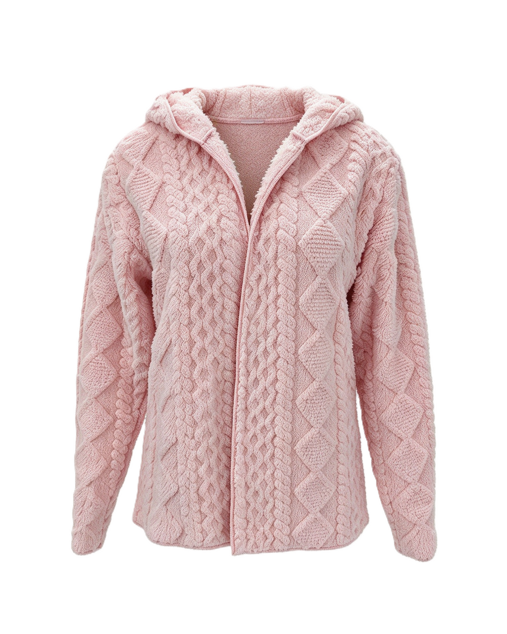 Cable Textured Plush Hooded Open Front Longline Coat - Pink