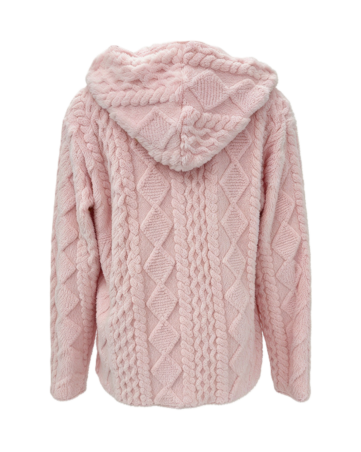 Cable Textured Plush Hooded Open Front Longline Coat - Pink - 1