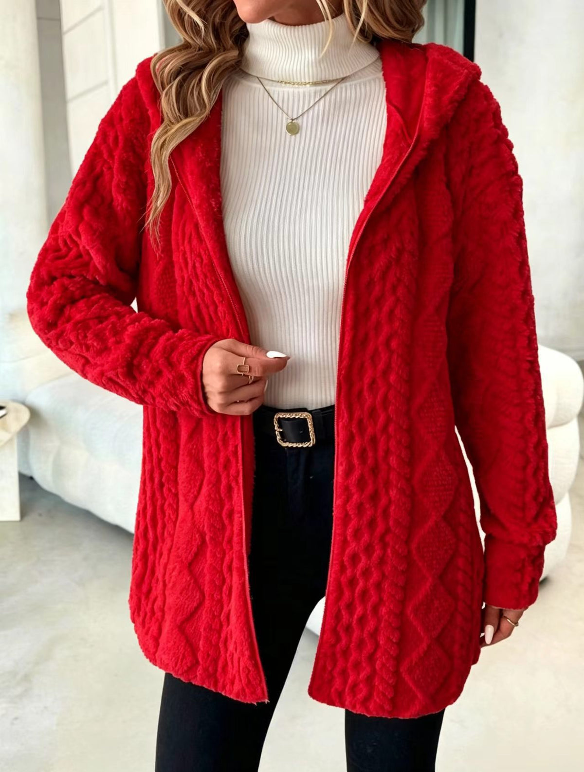 Cable Textured Plush Hooded Open Front Longline Coat - Red