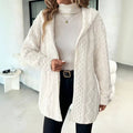 Cable Textured Plush Hooded Open Front Longline Coat - White