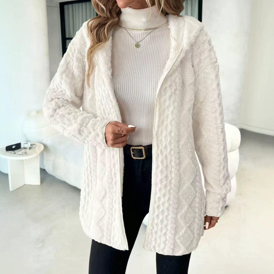 Cable Textured Plush Hooded Open Front Longline Coat - White