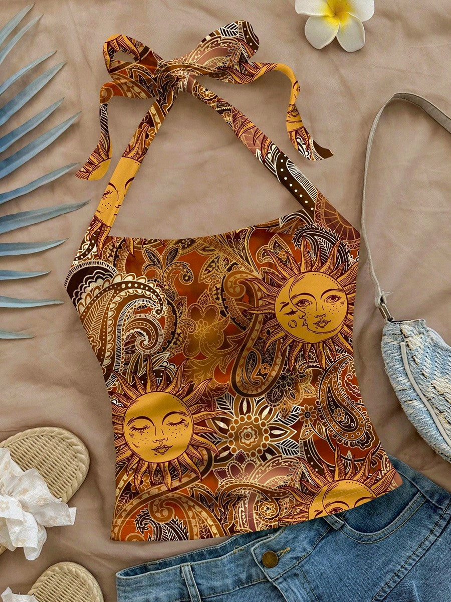 Sun And Paisley Print Halter Tank Top - Decor