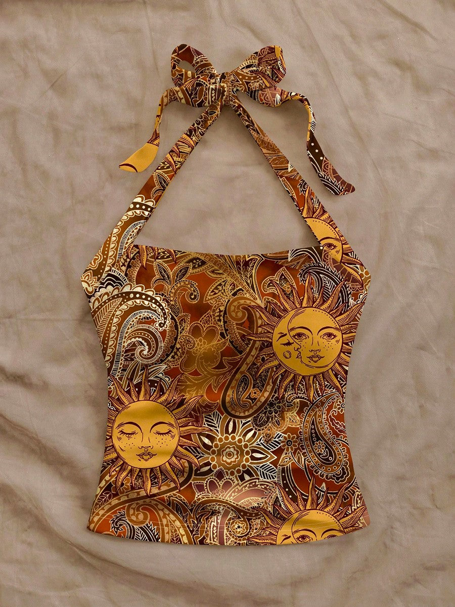Sun And Paisley Print Halter Tank Top - Decor - 3