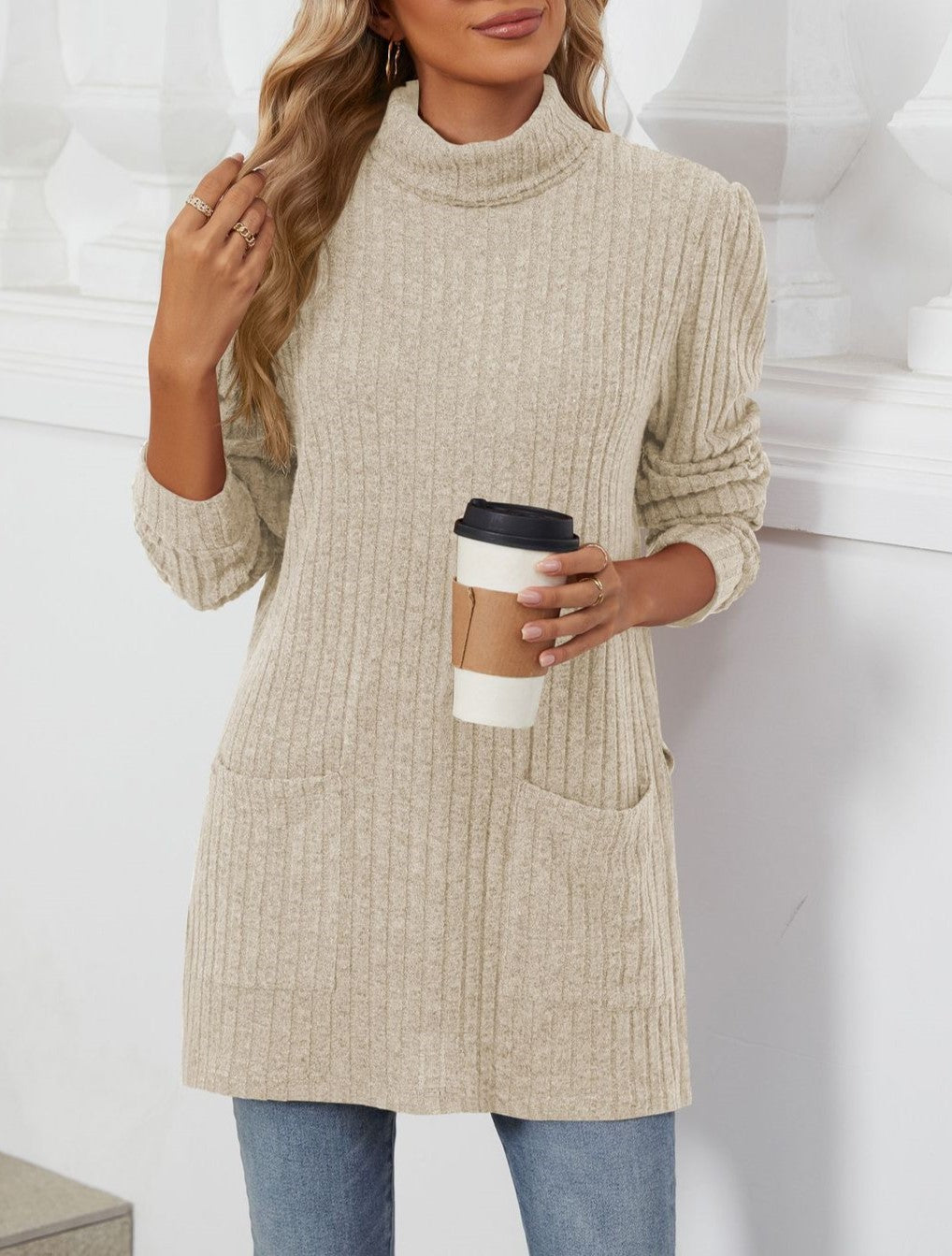 Ribbed Mock Neck Side Split Pocket Tunic - Apricot - 1