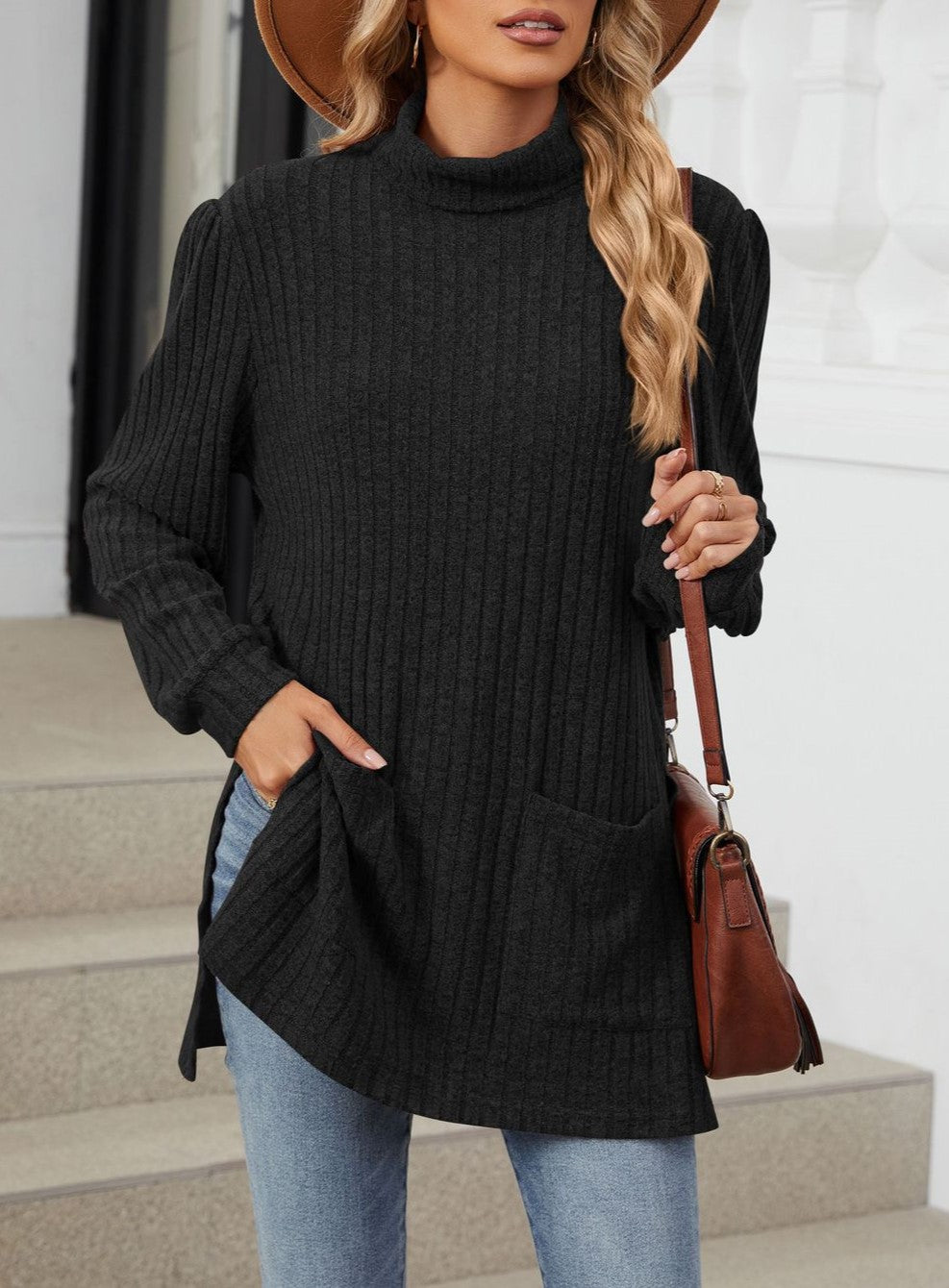 Ribbed Mock Neck Side Split Pocket Tunic - Black