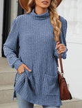 Ribbed Mock Neck Side Split Pocket Tunic - Blue