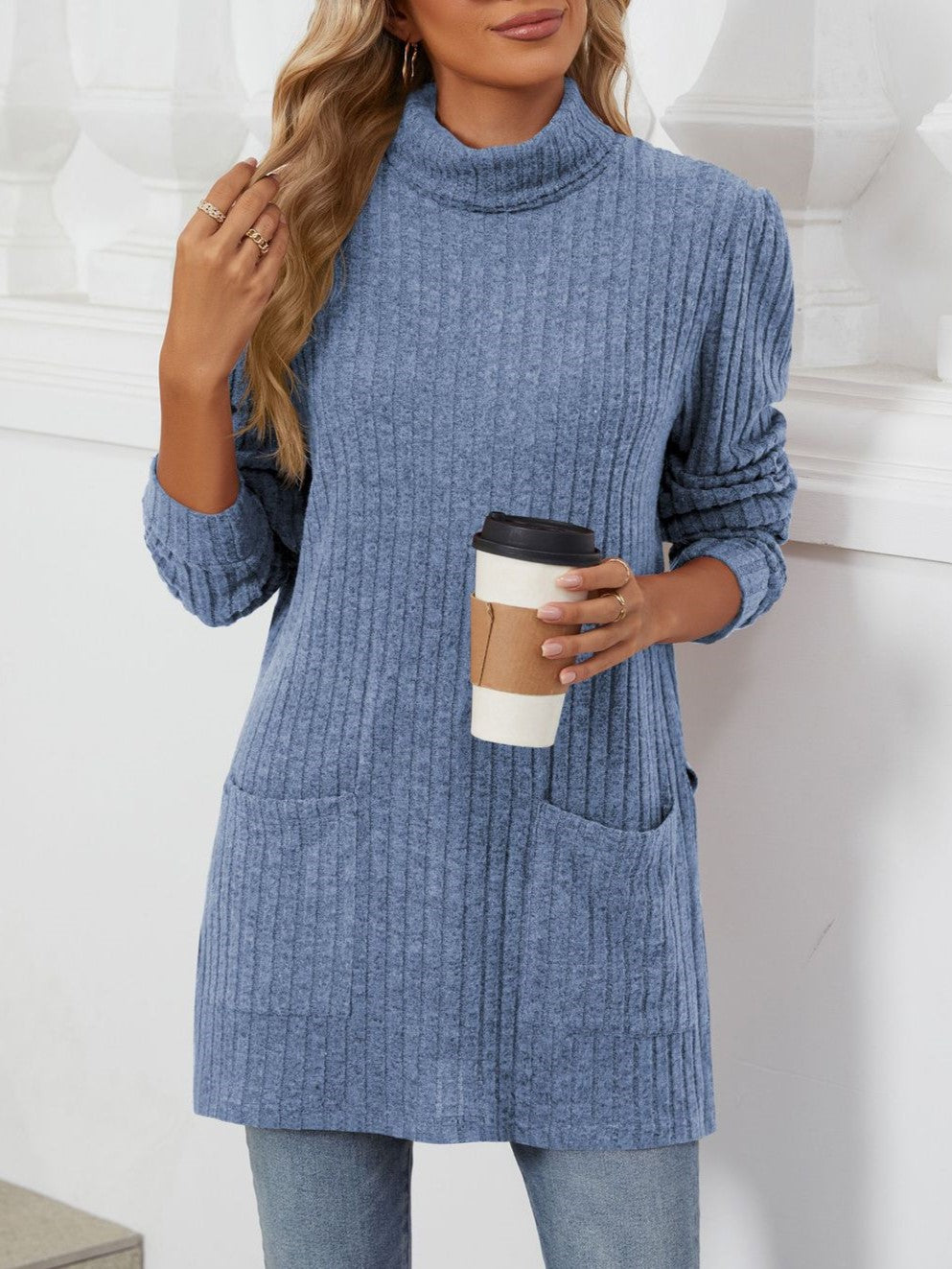 Ribbed Mock Neck Side Split Pocket Tunic - Blue - 1