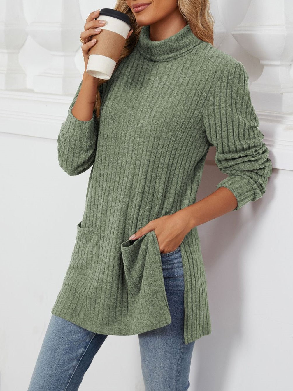 Ribbed Mock Neck Side Split Pocket Tunic - Green - 1