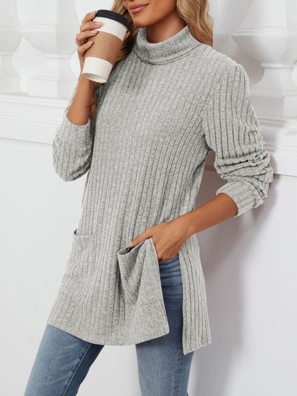 Ribbed Mock Neck Side Split Pocket Tunic - Grey