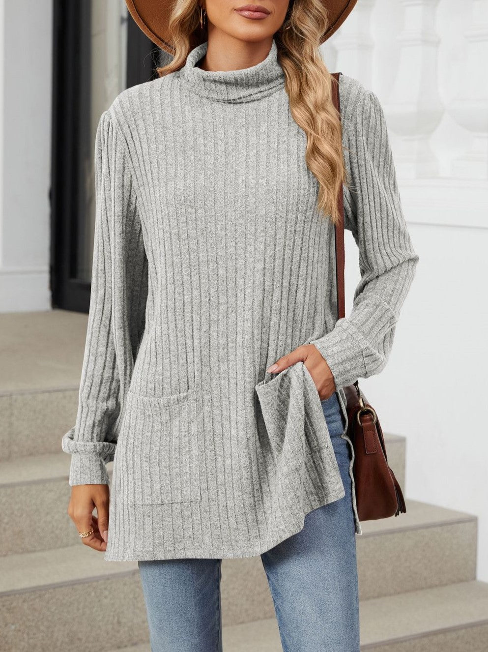 Ribbed Mock Neck Side Split Pocket Tunic - Grey - 1