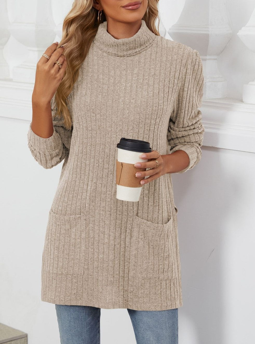Ribbed Mock Neck Side Split Pocket Tunic - Khaki - 1