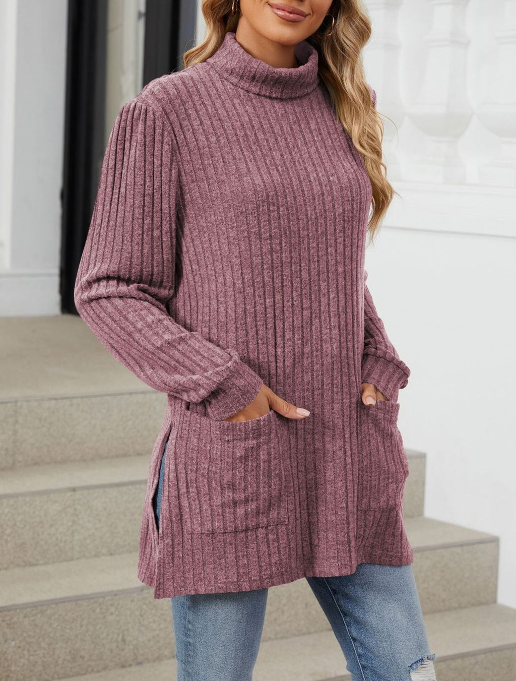 Ribbed Mock Neck Side Split Pocket Tunic - Purple
