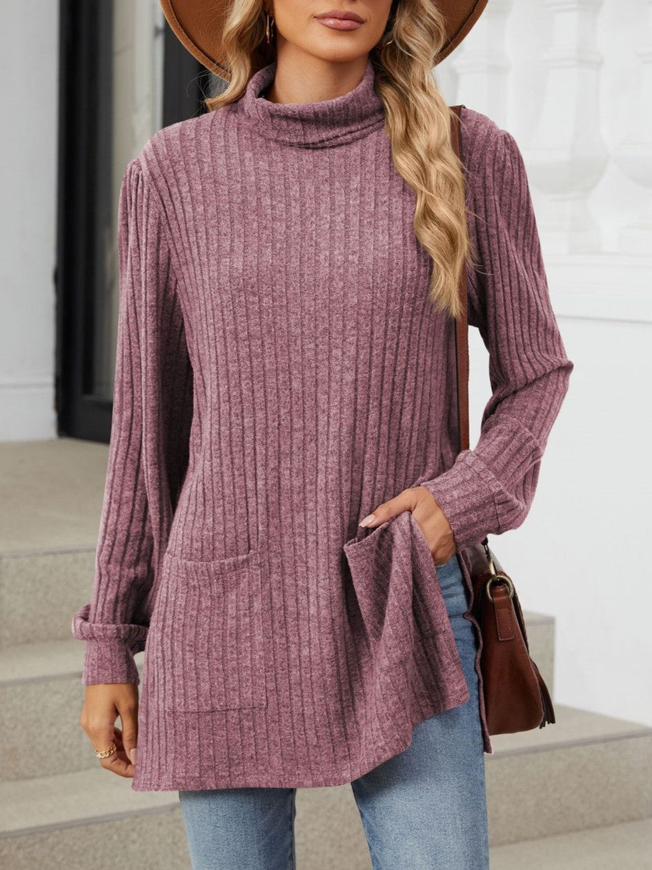 Ribbed Mock Neck Side Split Pocket Tunic