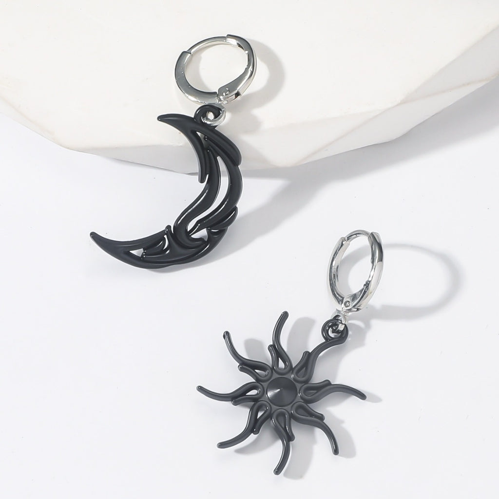 Asymmetric Sun And Moon Drop Earrings - Black