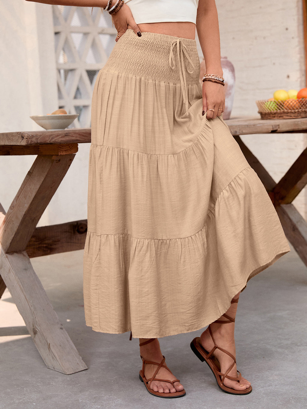 High Waist Tiered Boho Maxi Skirt - Khaki - 3