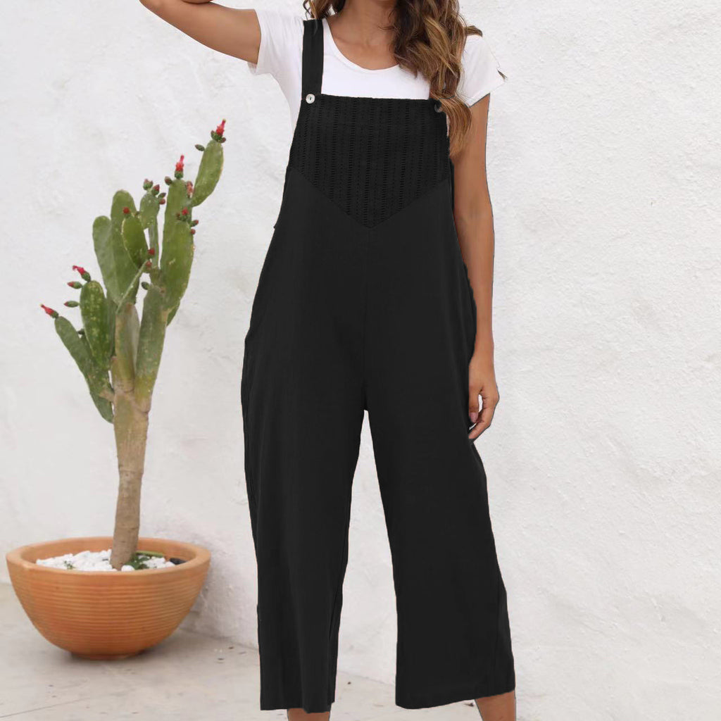 Textured Bib Cropped Wide Leg Overalls - Black