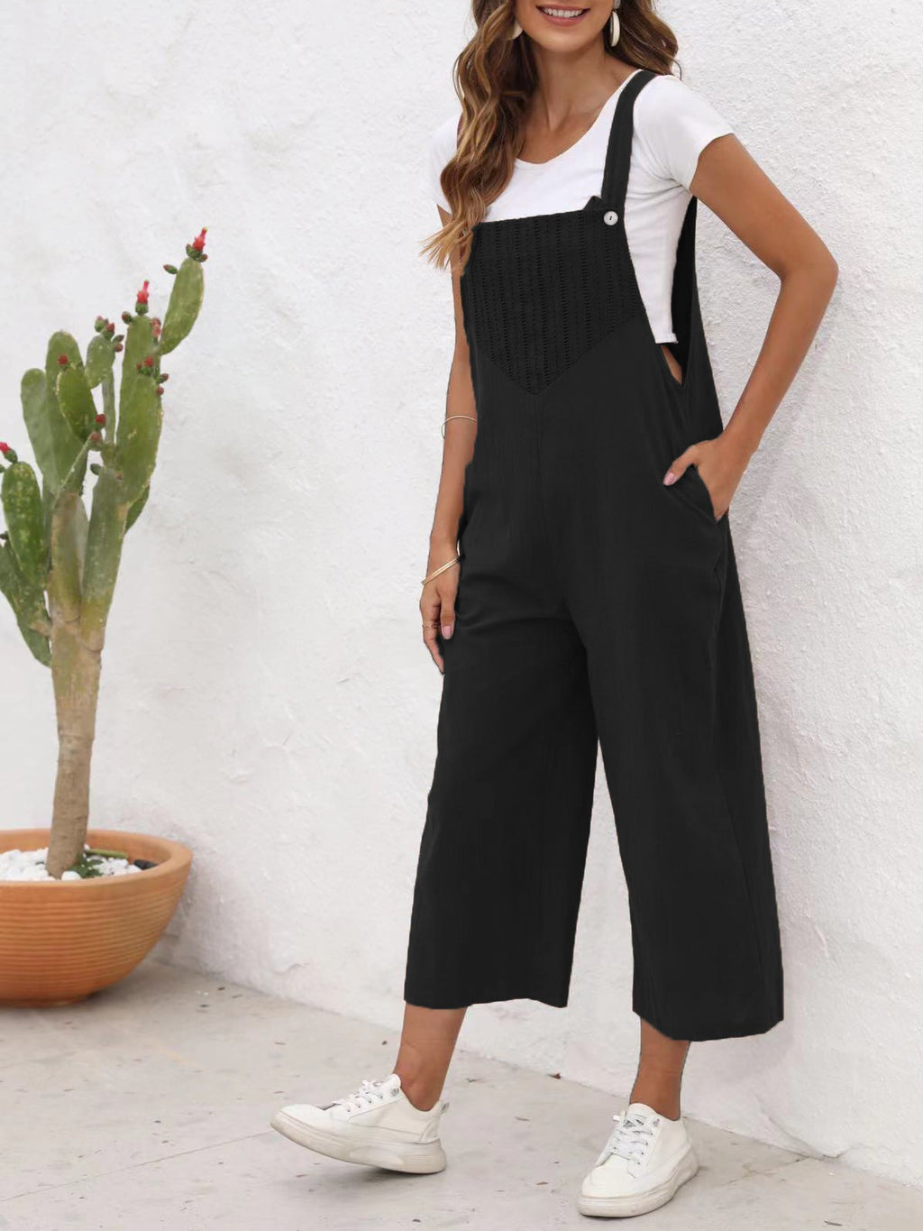 Textured Bib Cropped Wide Leg Overalls - Black - 1