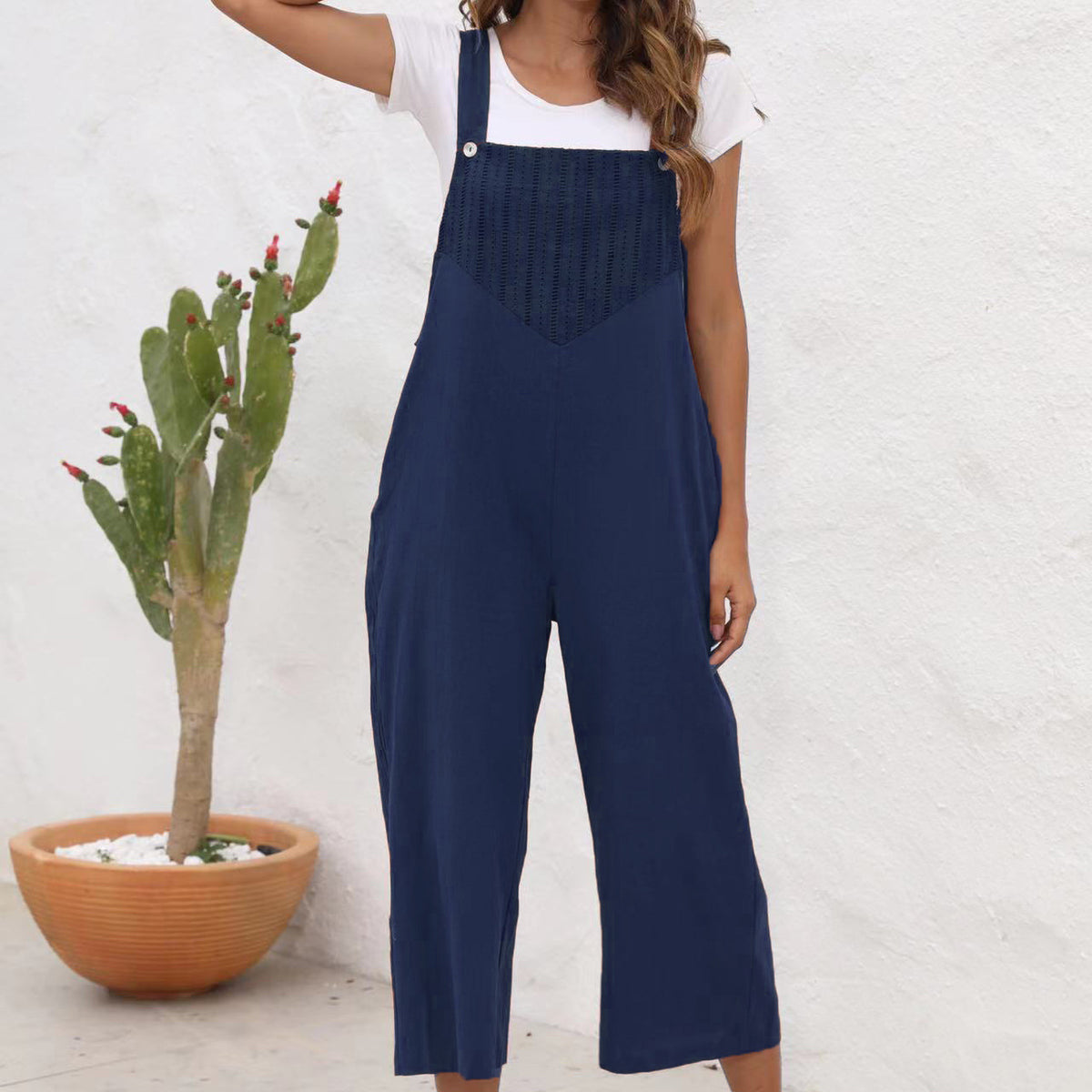 Textured Bib Cropped Wide Leg Overalls - Blue