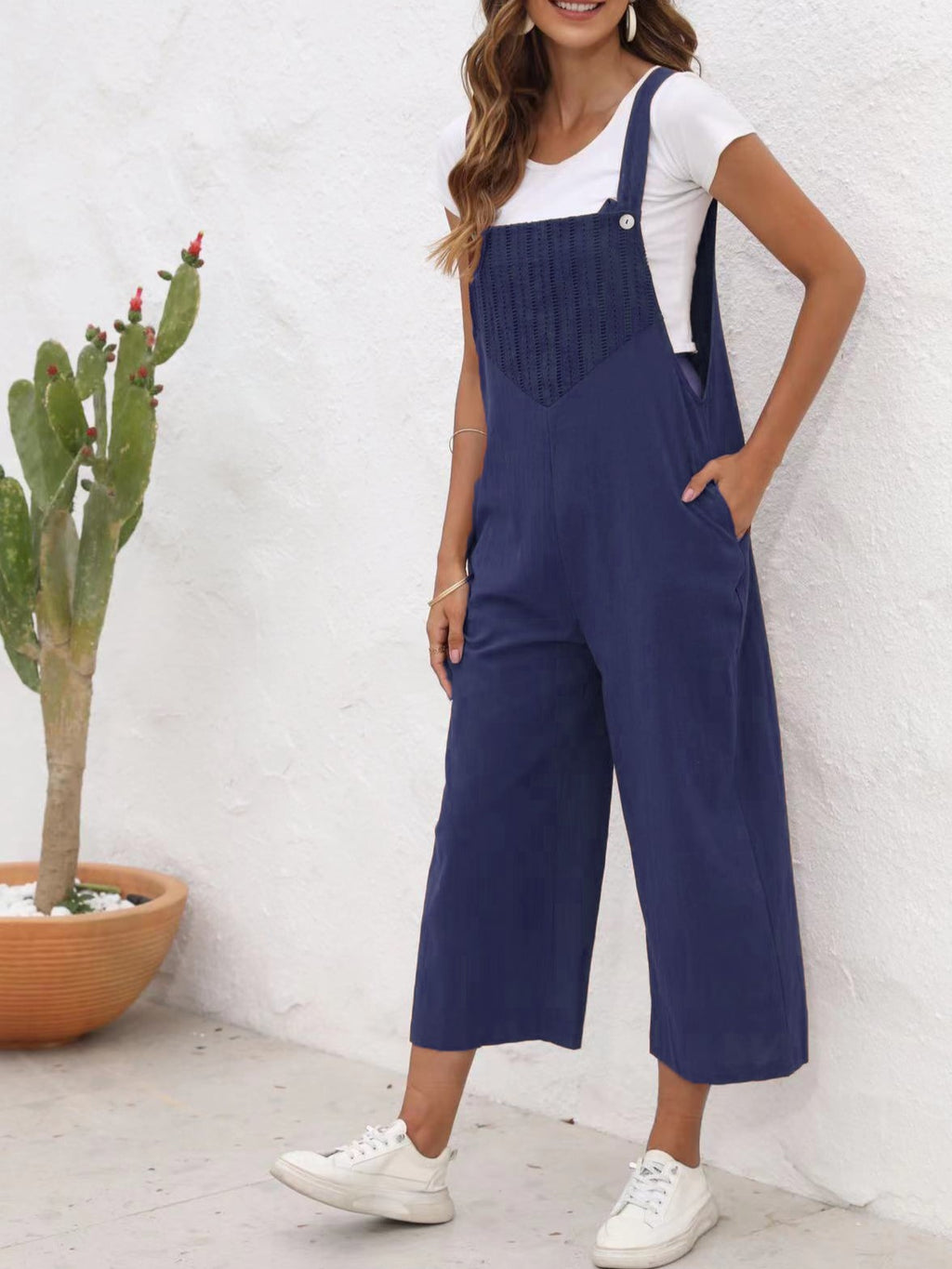 Textured Bib Cropped Wide Leg Overalls - Blue - 1