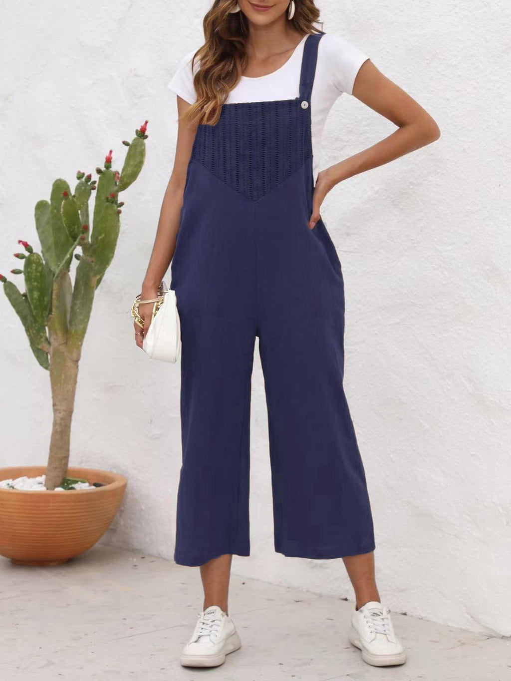 Textured Bib Cropped Wide Leg Overalls - Blue - 2