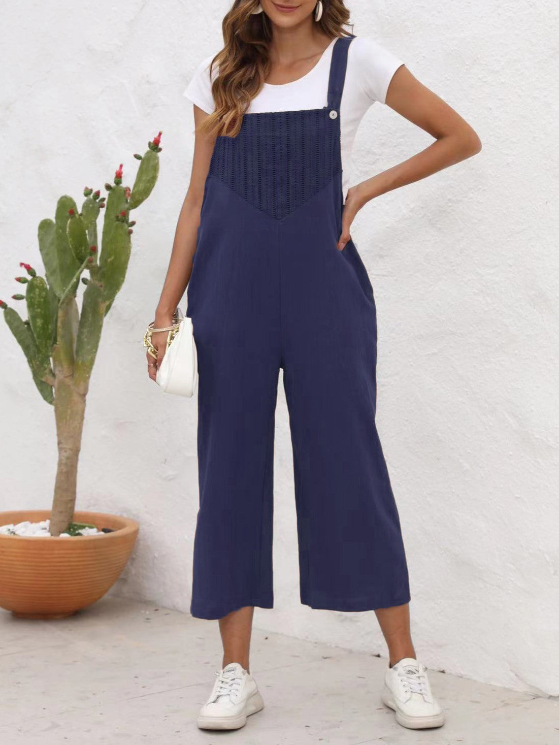 Textured Bib Cropped Wide Leg Overalls - Blue - 2