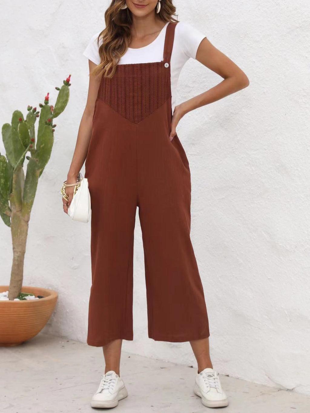 Textured Bib Cropped Wide Leg Overalls - Coffee