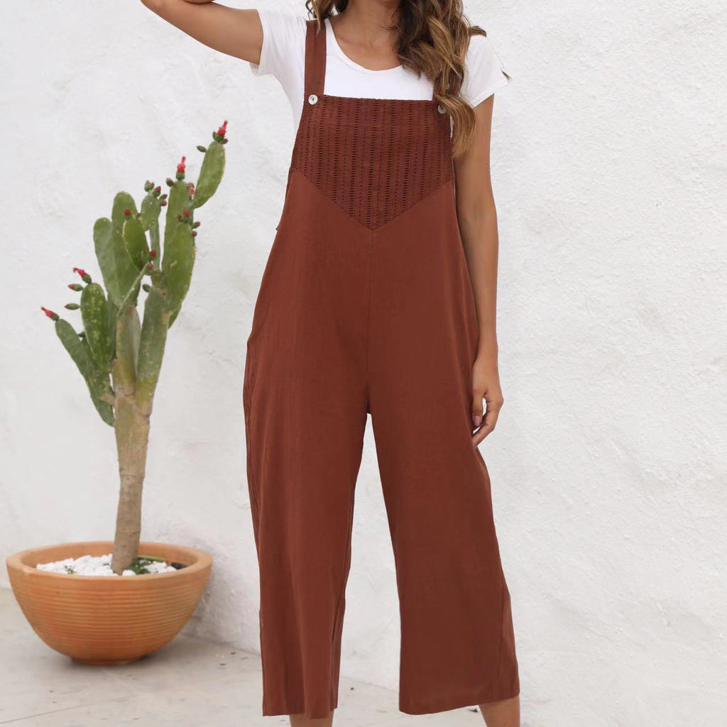 Textured Bib Cropped Wide Leg Overalls - Coffee - 1