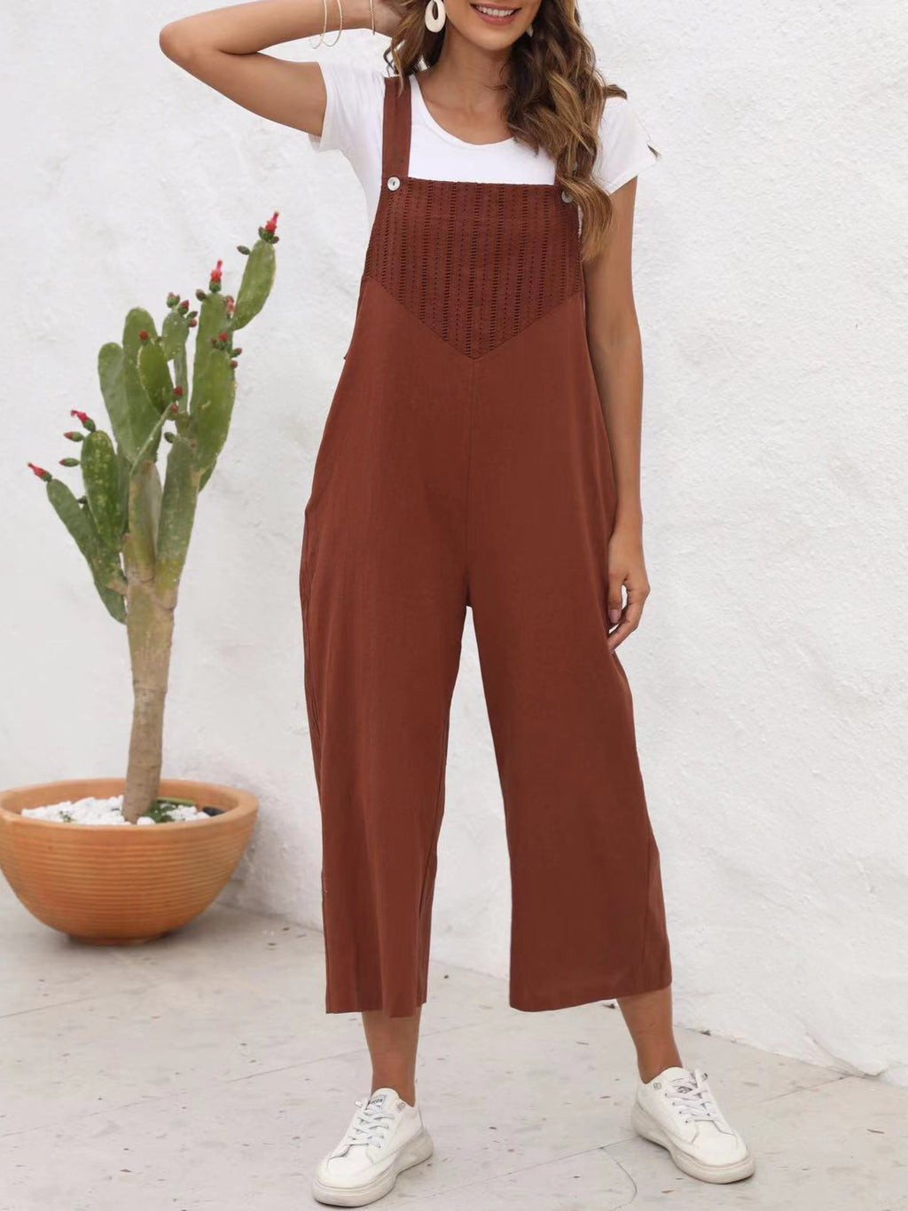 Textured Bib Cropped Wide Leg Overalls - Coffee - 2