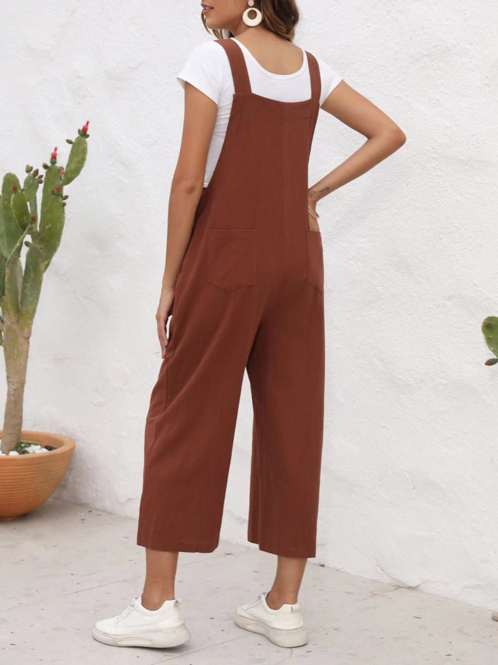 Textured Bib Cropped Wide Leg Overalls - Coffee - 4
