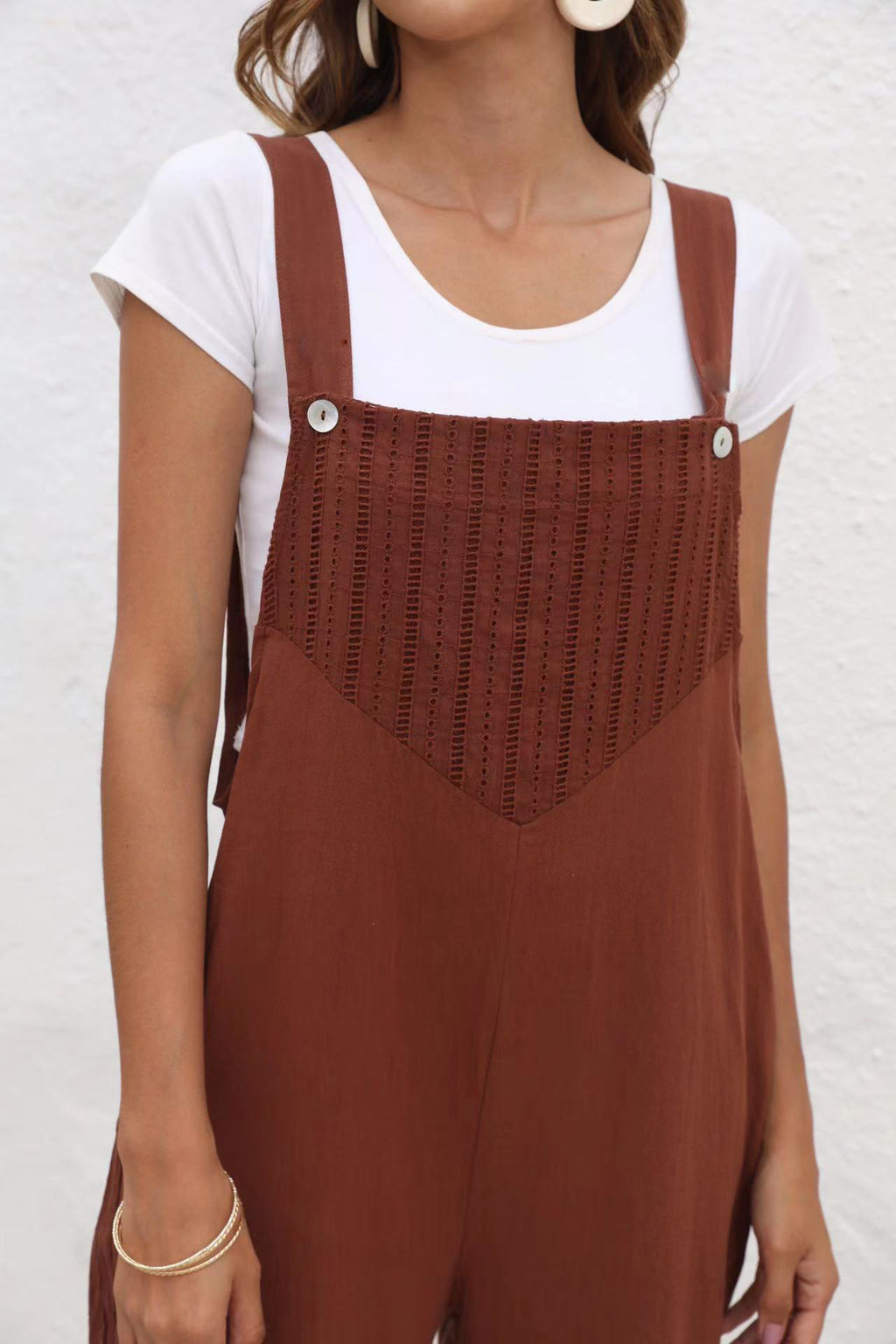 Textured Bib Cropped Wide Leg Overalls - Coffee - 5