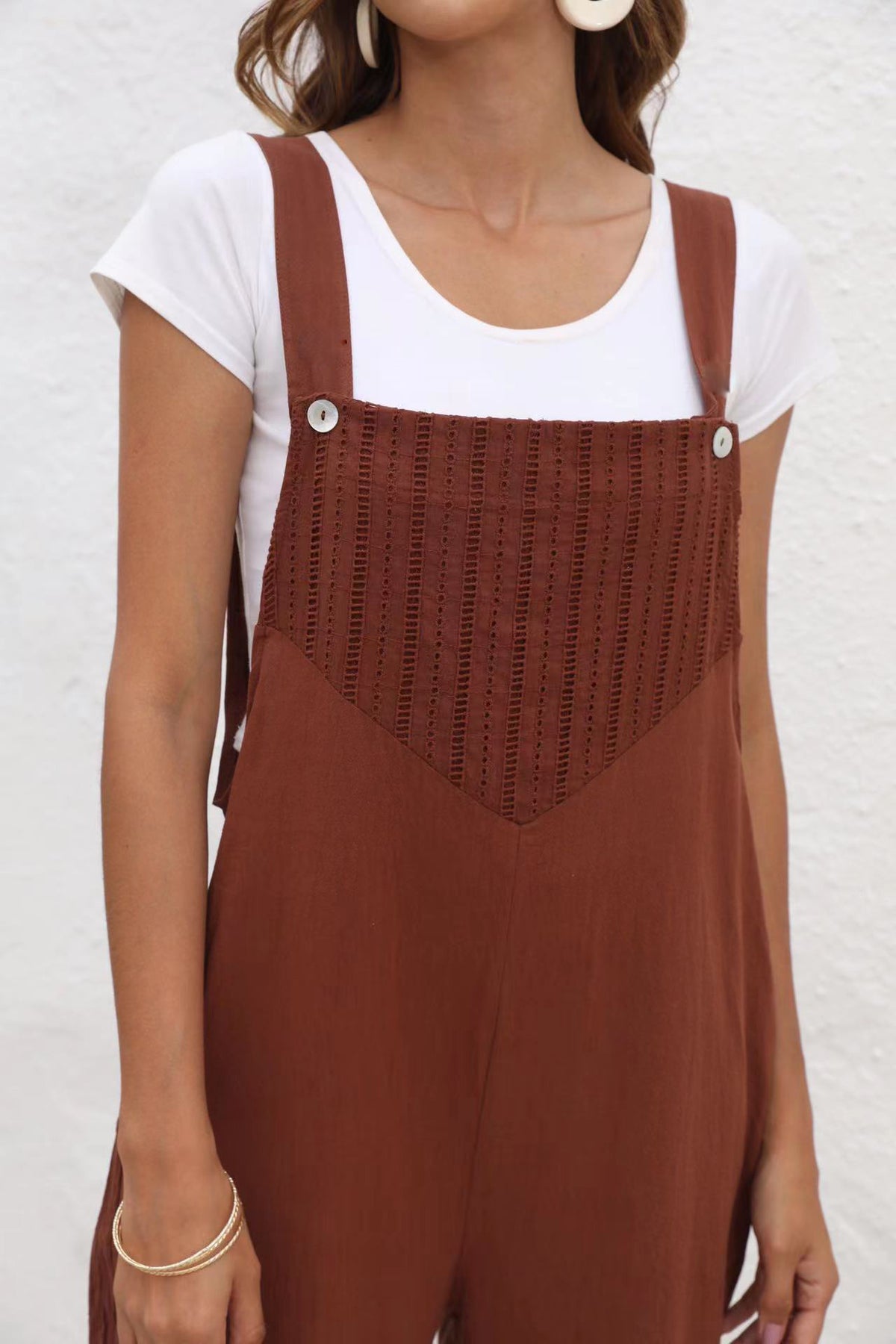 Textured Bib Cropped Wide Leg Overalls - Coffee - 5