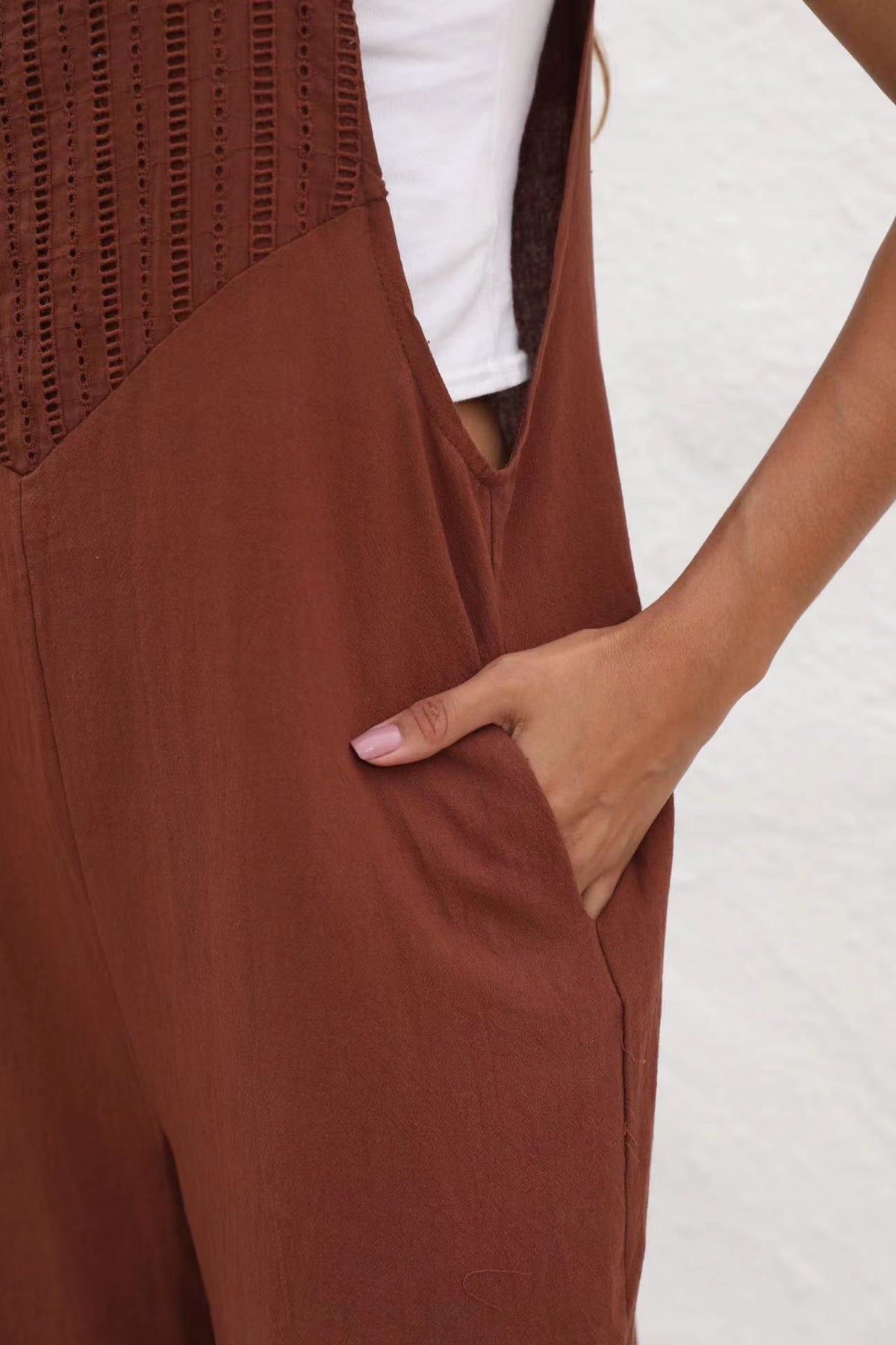 Textured Bib Cropped Wide Leg Overalls - Coffee - 6