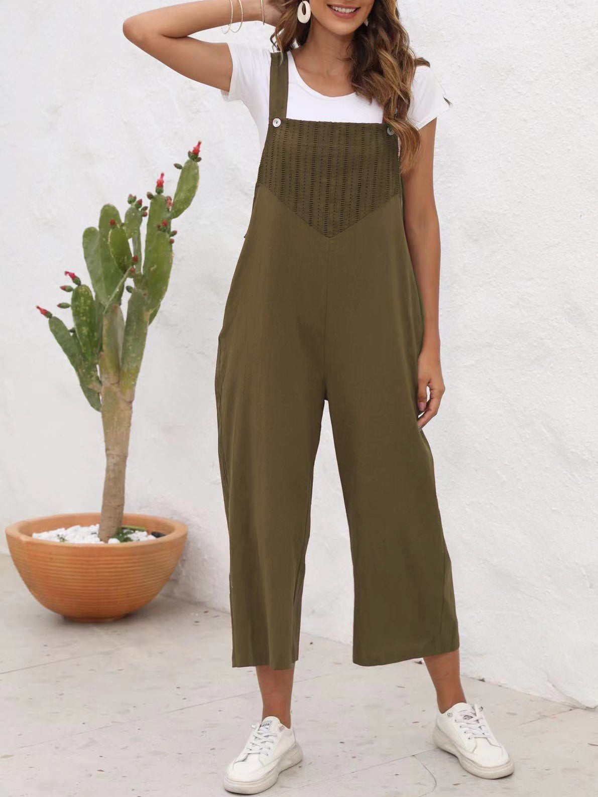 Textured Bib Cropped Wide Leg Overalls - Olive - 1