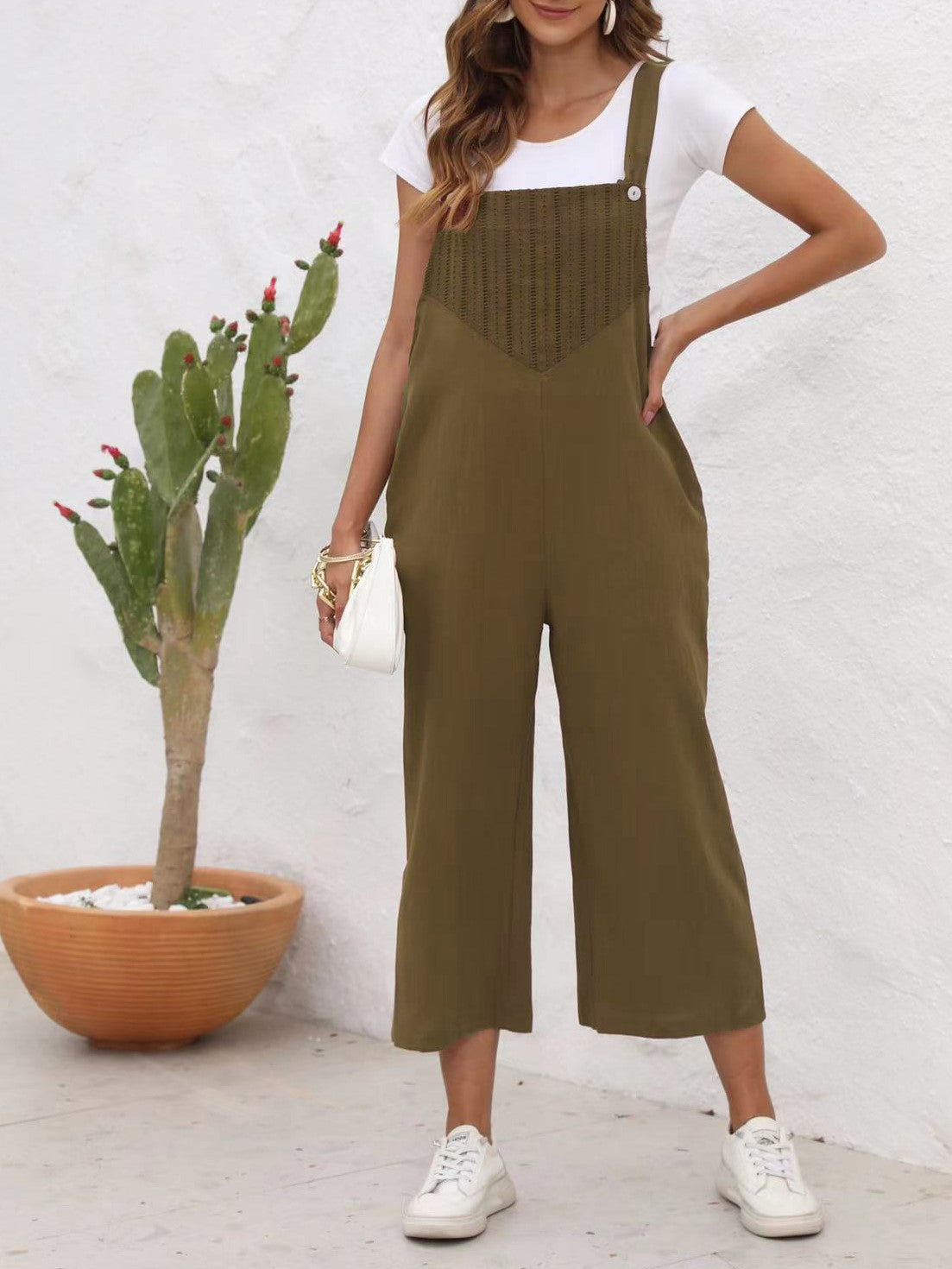 Textured Bib Cropped Wide Leg Overalls - Olive - 2