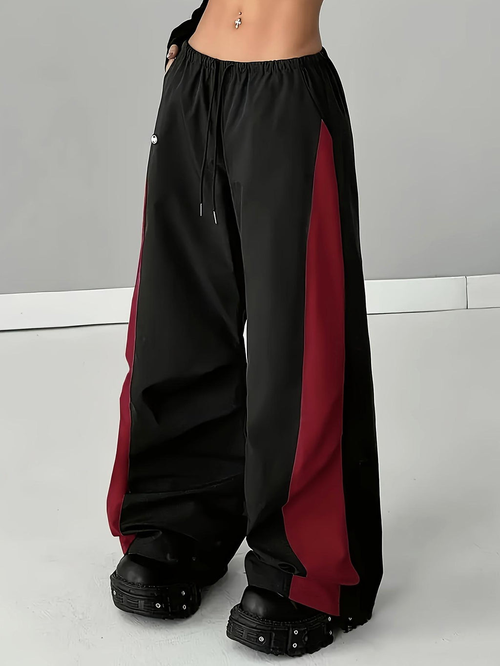 Contrast Stripe Wide Leg Track Pants - DeepRed