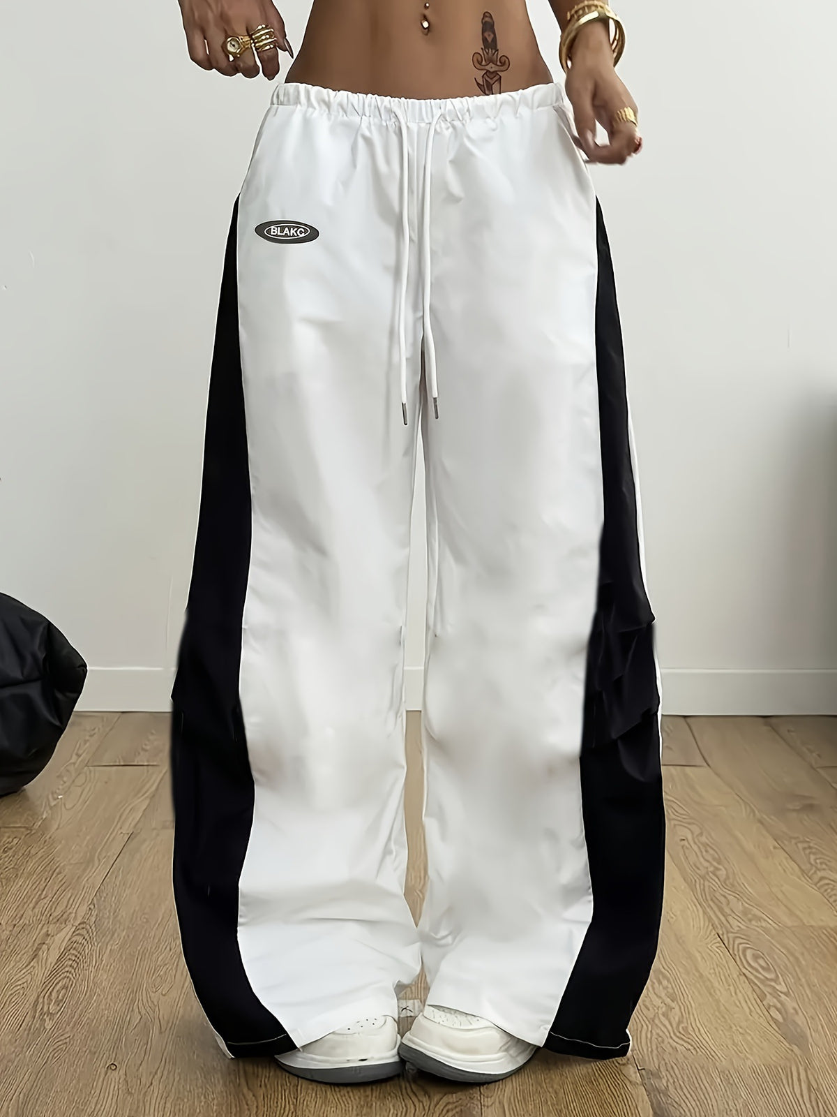 Contrast Stripe Wide Leg Track Pants - White