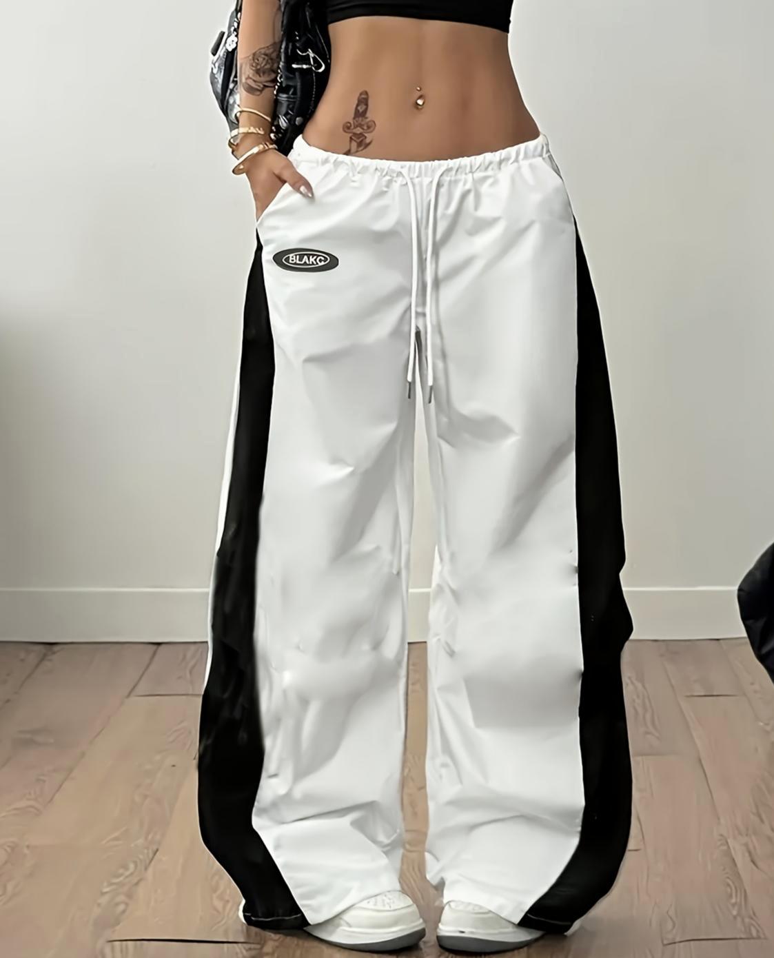 Contrast Stripe Wide Leg Track Pants - White - 2