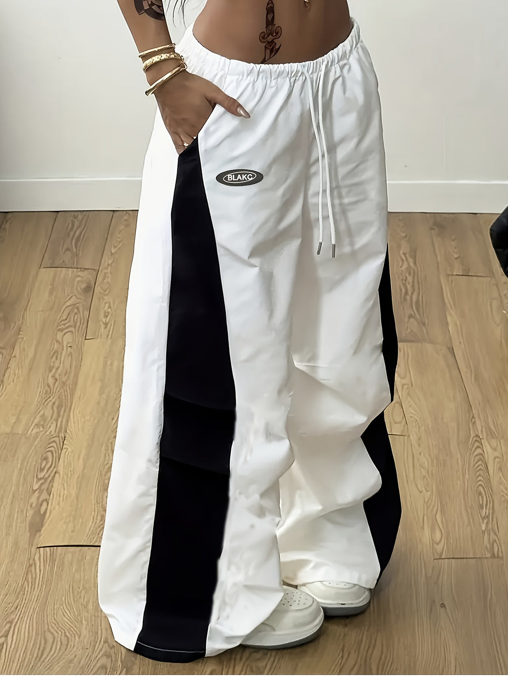 Contrast Stripe Wide Leg Track Pants - White - 3