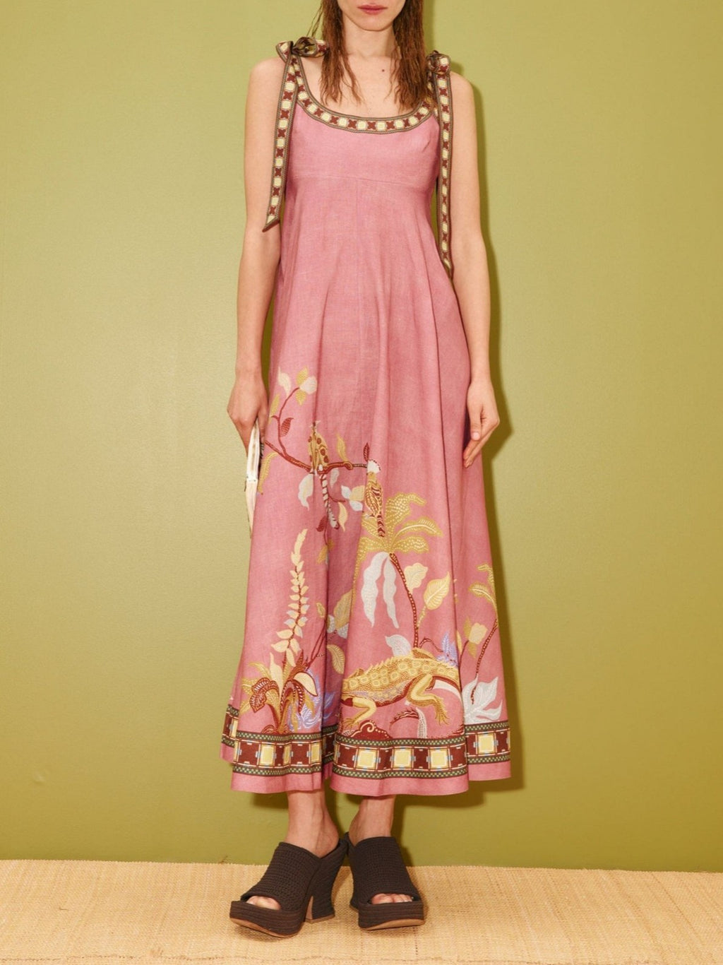 Botanical Border Print Square Neck Maxi Dress - Pink